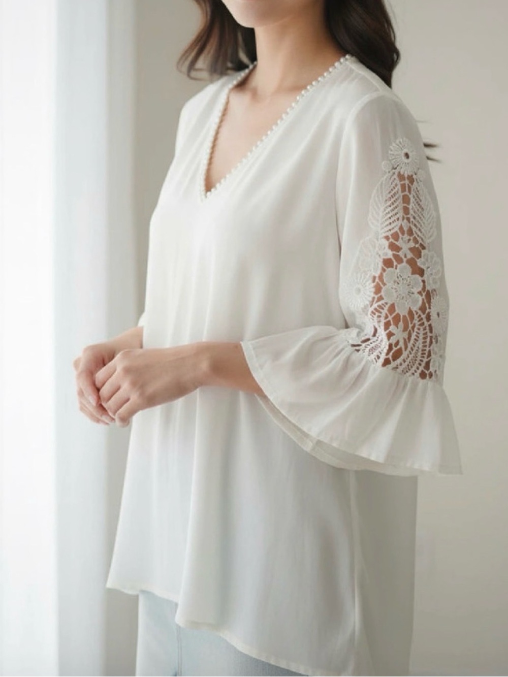 NWT Bohemian White Lace-Inlay Bell Sleeve Tunic | Size 2X - Picture 6 of 8